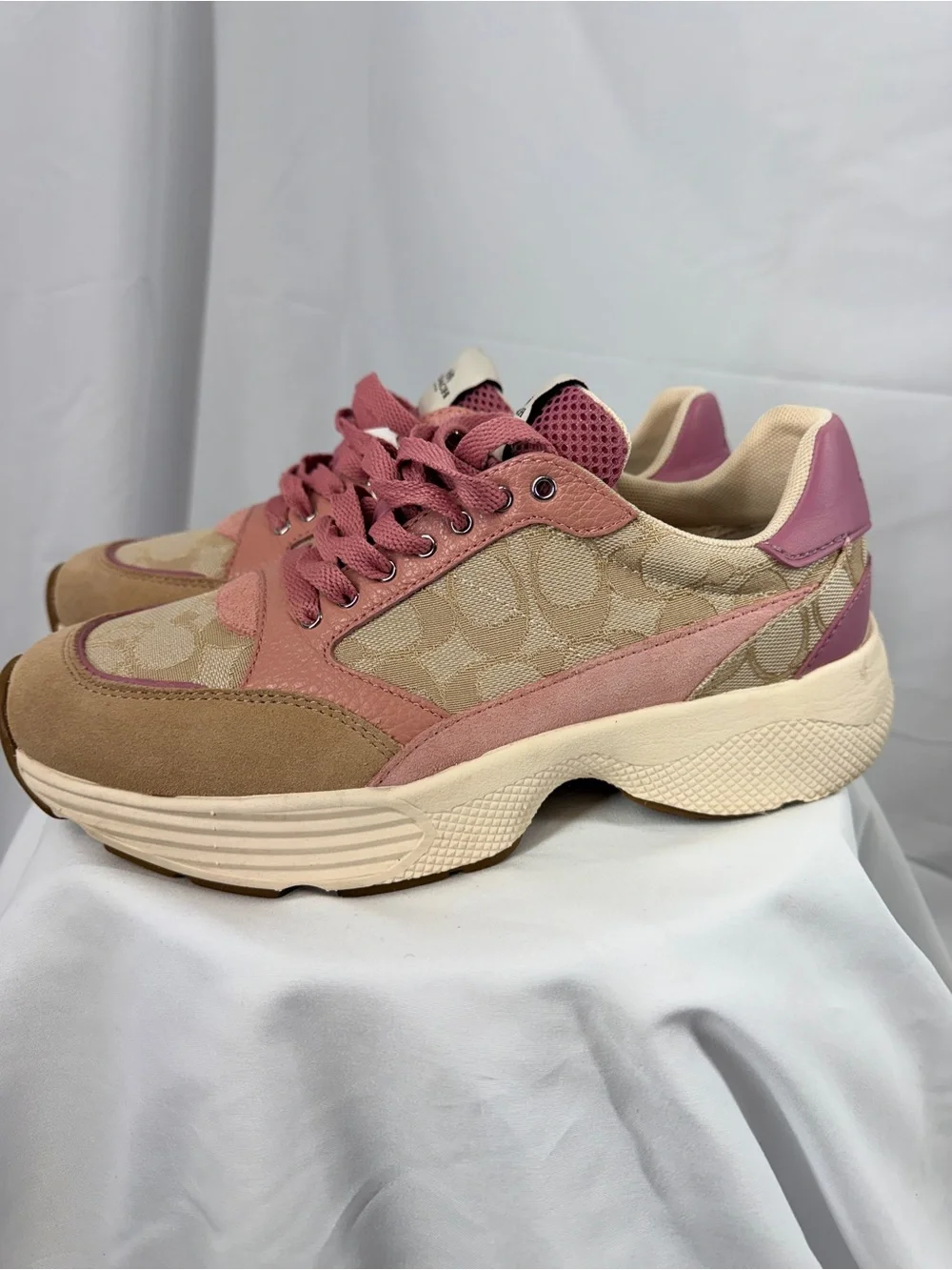 Coach Pink & Tan Women's Signature Lace-Up Sneakers